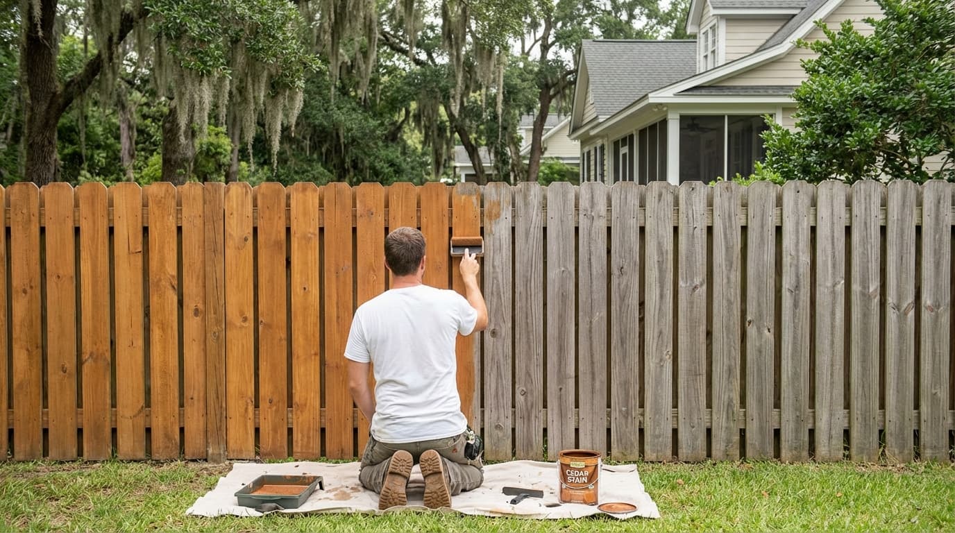 Painter staining a fence