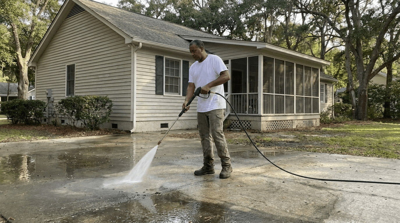 Worker pressure washing driveway