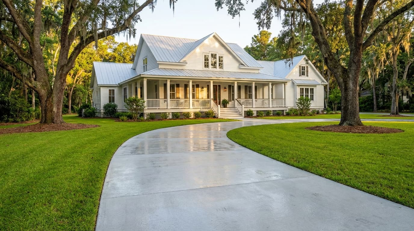 Freshly pressure washed driveway